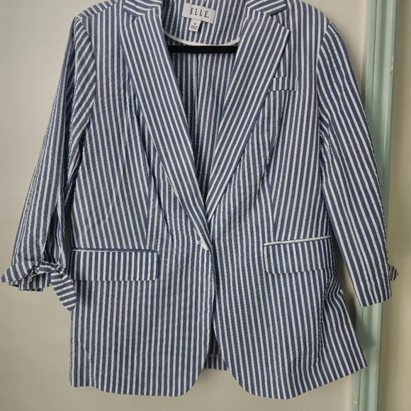 ELLE Open Front Vneck Blazer Shacket Women White/Blue striped 3/4 Sleeve Sz: M - Picture 13 of 14